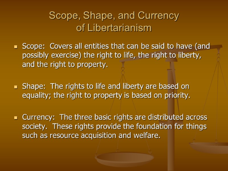 Scope, Shape, and Currency  of Libertarianism Scope:  Covers all entities that can